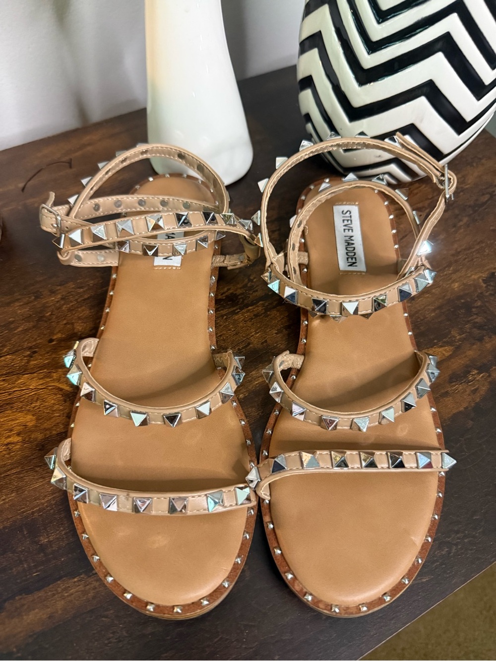 Steve Madden Nude/Tan Pyramid Stud Leather Ankle-Strap Sandals